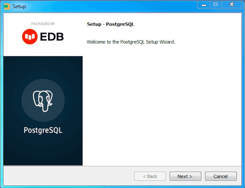 The PostgreSQL setup wizard welcome screen